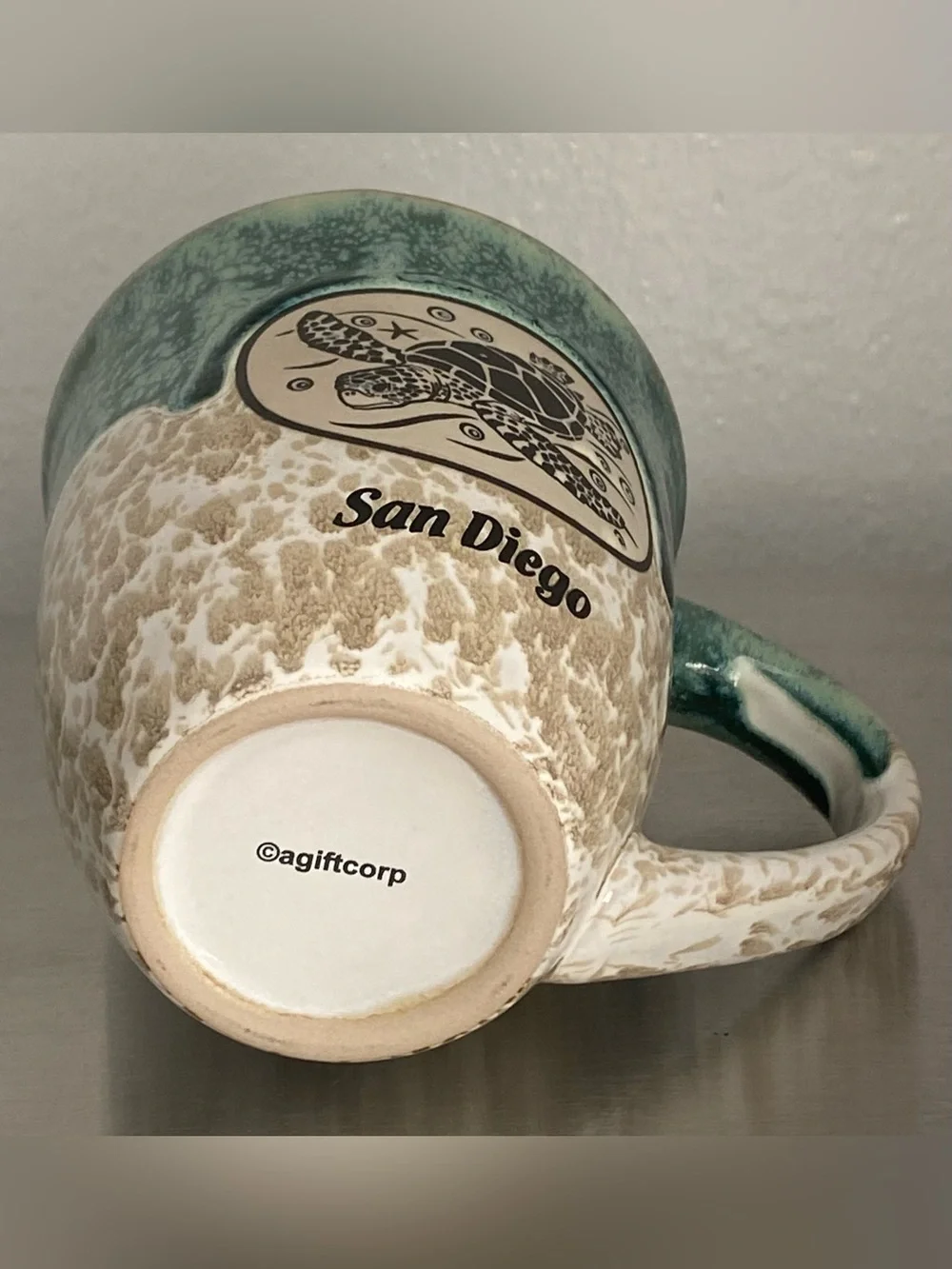NEW SAN DIEGO SEA TURTLE CERAMIC MUG IN TEAL AND SAND